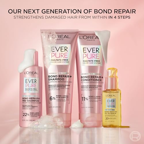 L'Oreal Paris Sulfate Free Bond Repair+ Shampoo, Hair Shampoo with Amino Acid Complex, Strengthens and Repairs Damaged or Color Treated Hair, EverPure, 23 Fl Oz (Packaging May Vary)