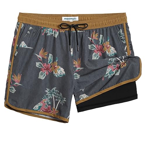 maamgic Mens Short 80s 90s Vintage 5.5" Swim Trunks Swimsuits Board Shorts Compression Liner Quick Dry 2 in 1 Bathing Suits Bird Floral Brown Large
