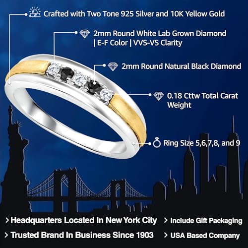 Gem Stone King White Lab Grown Diamond and Black Diamond Satin Finish Wedding Band Ring for Men | 925 Sterling Silver and 10K Yellow Gold | 0.18 Cttw | Size 12