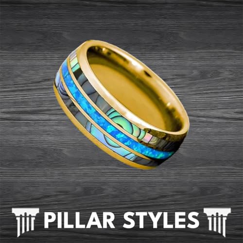 14K Gold Opal Wedding Band Tungsten Rings with Abalone Shell 8mm Yellow Gold Ring Mens Wedding Bands with Ocean Blue Opal Inlay Tropical Engagement and Anniversary Gifts for Couples