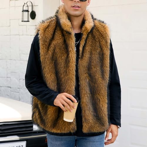 Cambkatl Men's Luxury Faux Fur Vest, Winter Furry Sleeveless Jacket Open Front Cardigan Coats Warm Outerwear
