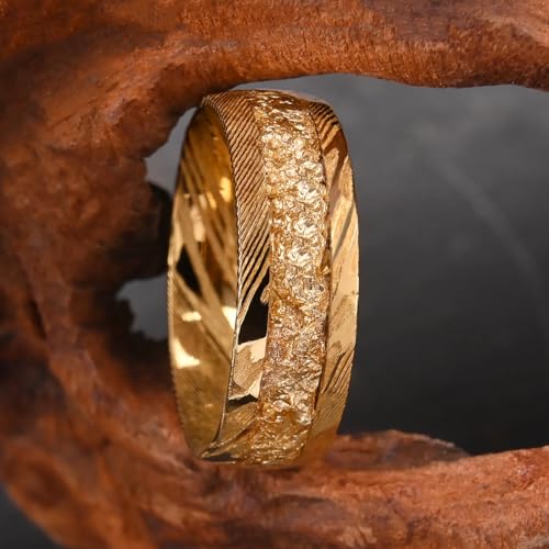 Concept Knight Gold Damascus Steel Rings for Men Hammered Mens Wedding Band