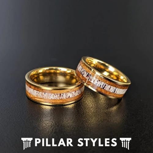Pillar Styles Rustic 14K Gold Wedding Band Whiskey Barrel Rings for Men with Deer Antler Inlay 8mm Comfort Fit Tungsten Bourbon Barrel Wooden Ring Unique Wood Engagement Band