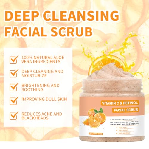 Vitamin C Face Scrub, Exfoliating Facial Wash with Retinol, Facial Scrub,Facial Exfoliating Scrub, Facial Scrubs for Women,Deep Cleansing Face Wash Cleanser for Women Men