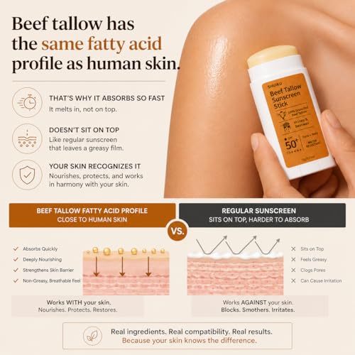 Beef Tallow Sunscreen Organic Stick SPF 50 – Non Nano Zinc Oxide Tallow-Based Mineral Sunscreen with Honey & Beeswax for Face & Body, Water-Resistant Natural Sunblock, 0.53 oz
