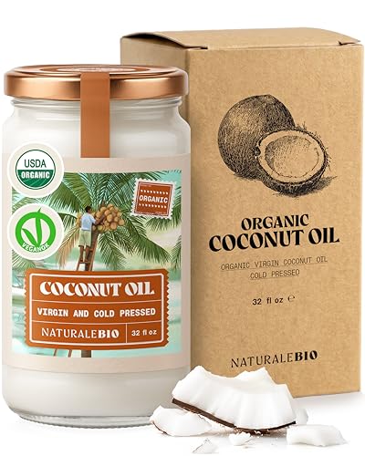 NaturaleBio Organic Virgin Coconut Oil 32 fl oz Raw Cold Pressed for Skin, Hair, Moisturizer, Massage, Body, Hand, Cream, Vegan Butter Alternative, Ideal Lotion, Perfect Care