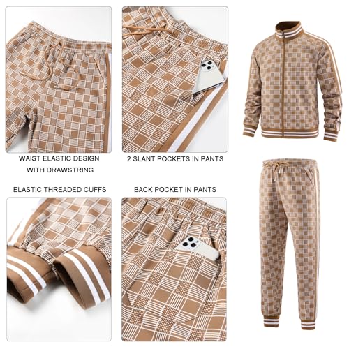 Aiozowa Track Suits for Men Set Plaid Jogging Tracksuit Mens 2 Piece Sweatsuits Jogger Sweat Suits Two Piece Sport Leisure Clothes Outfits Light Brown KEW-KE08-L