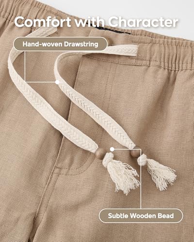 maamgic Mens 100% Linen Shorts Casual Drawstring Elastic Waist, Breathable Summer Shorts for Men Beach Vacation with Pockets Dark Khaki