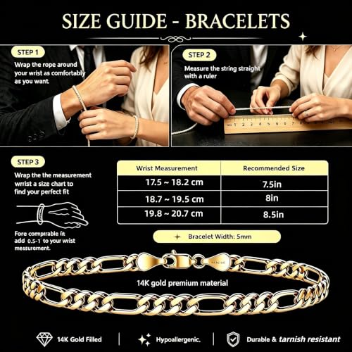 LUCA SMITH Gold Bracelets for Women & Men 14K Gold Figaro Bracelet 7.5in