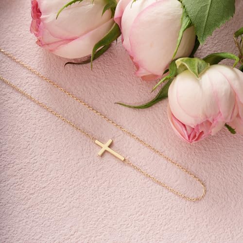 Golden Planet 10K Solid Gold Sideways Cross Necklace in 18" for Women | Simple Dainty Small Cross Pendant Charm Chain Necklace | Baptism Religious Faith Fine Gold Jewelry