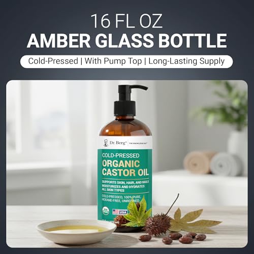 Dr. Berg Organic Castor Oil – 16 fl oz Cold-Pressed Oil – Pure, Unrefined, Single Ingredient – Sourced in India, Bottled in USA – Lab Tested, USDA Organic, Glass Bottle