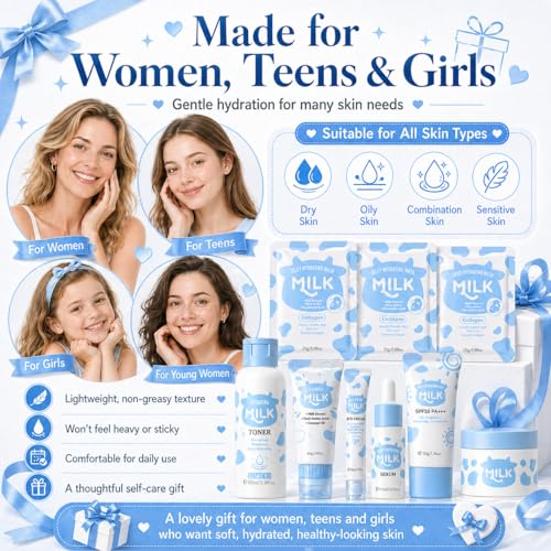 Milk Skincare Set For Women & Girls, Hydrating Milk Skin Care For Teens 10-12, Complete Gift Set Skin Care For Kids, Skincare For Girls 10-12, Self Care Beauty Gift For Her, Mothers Day Gifts Set