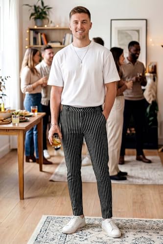 GINGTTO Mens Dress Pants Slim Fit Stretch Pinstripe Pants Men Casual Black 32Wx30L