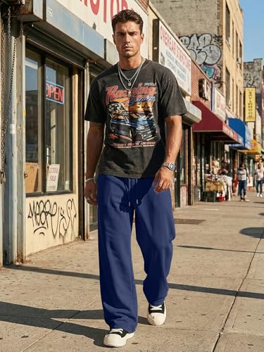 JMIERR Mens Baggy Sweatpants Drawstring Wide Leg Sweat Pants with Pockets Quiet Luxury Big and Tall, 3XL, Bluing
