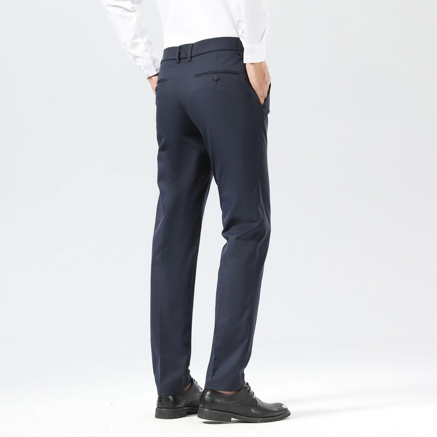 Plaid&Plain Men's Dress Pants Slim Fit Stretch Khaki Pants Wrinkle Free 8802 Navy Blue 32x30