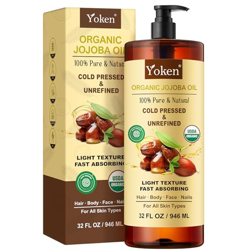 Yoken 32 fl oz (EWG Verified) 100% Pure Jojoba Carrier Oil - Unrefined, Hexane-Free, Cold Pressed for Skin, Face, Hair, Nails, and Massage