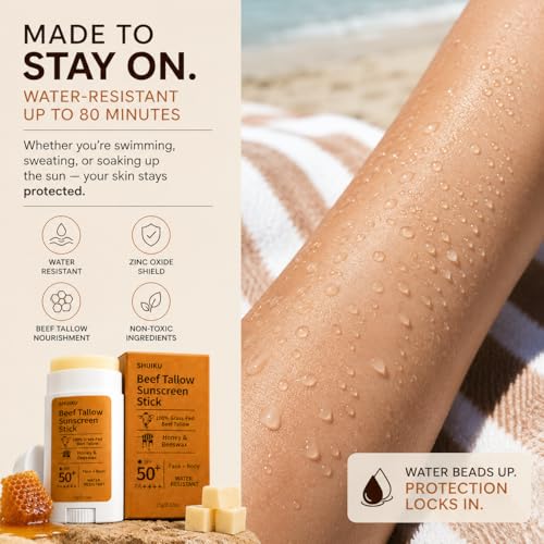 Beef Tallow Sunscreen Organic Stick SPF 50 – Non Nano Zinc Oxide Tallow-Based Mineral Sunscreen with Honey & Beeswax for Face & Body, Water-Resistant Natural Sunblock, 0.53 oz