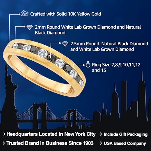 Gem Stone King Men's 10K Yellow Gold White Lab Grown Diamond and Black Diamond Satin Finish Wedding Band Ring for Men | 0.61 Cttw | Available In Size 7, 8, 9, 10, 11, 12, 13 | Size 10