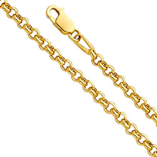 14k REAL Yellow Gold Hollow 2.5mm Classic Rolo Chain Bracelet with Lobster Claw Clasp - 7.5"