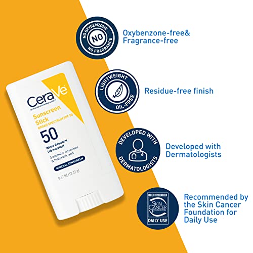 CeraVe Mineral Sunscreen Stick, SPF 50 Face Sunscreen, Travel Size, 0.47oz