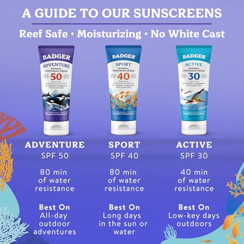 Badger Reef Safe Mineral Sunscreen, SPF 50, 98% Organic with Zinc Oxide, Non Toxic, Water Resistant, Unscented & Hypoallergenic, Broad - Spectrum, For Adventure & Sport, 2.9 fl oz