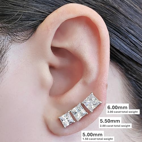 Central Diamond Center 14K Gold Posts & Sterling Silver Princess Cut CZ Stud Earrings Made with Swarovski Zirconia - 5.0mm 1.50cttw - Platinum Plated