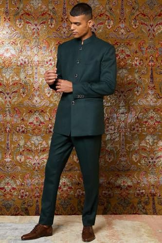 2 Piece Men's Chinese Suit Chinese Stand Collar Slim Fit Suits Front Button Blazer Pant Set,Black-L