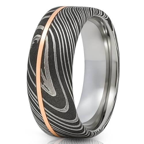 8mm Damascus Steel Men’s Wedding Band – 14K Rose Gold Inlay – Comfort Fit Ring with Polished Interior and Etched Black Grain (9)