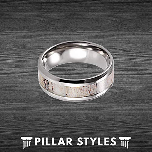 Silver Deer Antler Rings for Men Wedding Band Tungsten Ring 8mm Nature Ring with Genuine Deer Antler Inlay Couples Ring Set Antler Wedding Bands Womens Ring