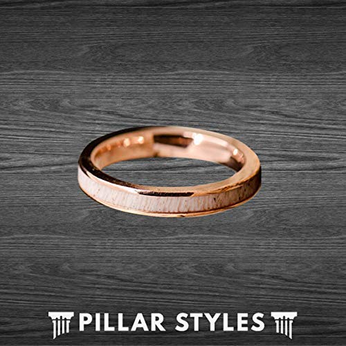 18K Rose Gold Ring Deer Antler Wedding Bands for Men and Women 4mm Tungsten Rings with Antler Inlay Stag Couples Set Thin Rustic Anniversary Gifts for Him
