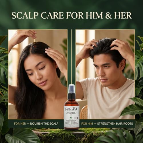 PURA D'OR Scalp & Hair Strengthening Oil Supports Optimal Growth, Reduce Breakage, Nourish Roots for Healthier, Fuller, Thicker Hair - Rosemary, Castor & Peppermint Oil: 3.3 Oz Ayurvedic Hair Care