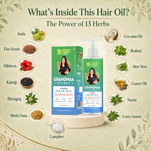 NIDHI’S GRANDMAA SECRET 13 Herbs Hair Oil for Hair Growth & Hair Fall Control Handmade Oil with Aloe Vera, Curry Leaf & Amla For Dry, Damaged, Frizzy Hair Men & Women – 100 ml (Pack of 1) Multicolor