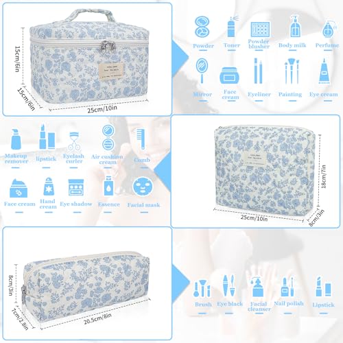 Gosect Makeup Bag, Large Quilted Cosmetic Bag, Big Floral Make Up Bag for Women Girls, Cute Cotton Makeup Bag Set, Flower Travel Toiletry Organizer Bag (Blue Flower)