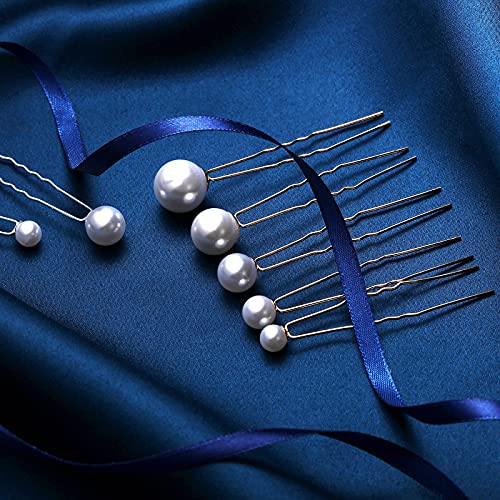 Charonle 32 Pcs Wedding Pearl Hair Pins, Mixed Size Bridal Hair Accessories with Rhinestone, U Shape Barrette, Bobby Pins for Bride Bridesmaid Prom Updo(Gold)