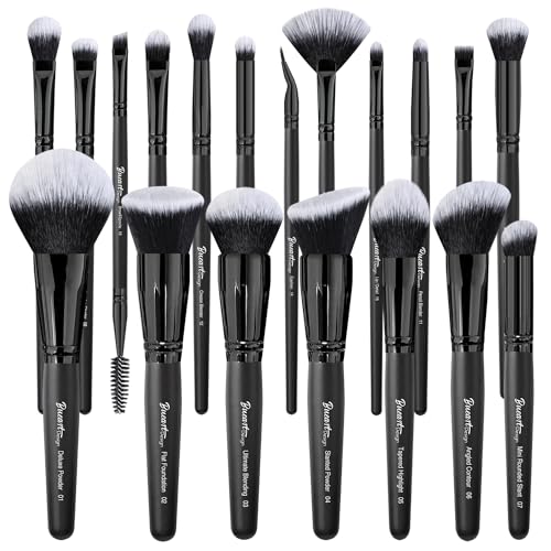Bueart Design 19Pcs Ultra Soft Black Labeled Dense Hair Makeup Brushes Set