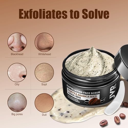 JVR Face Scrub for Men, Facial Scrub for Deep Exfoliating, Cleansing Blackheads, Ingrown Hair, Pre-shave Soften, Organic Formulated with Coffee Extract, AHA and BHA Face Exfoliator (4.23 oz)