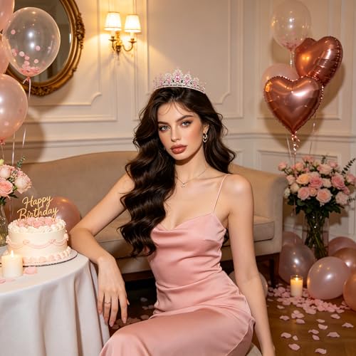 FORSEVEN Pink Crystal Tiaras Crowns for Women Wedding Birthday Halloween