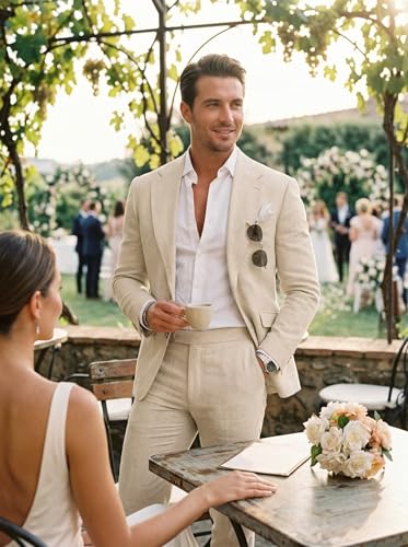 Aowdoy Men's 2 Piece Beige Linen Suits Slim Fit Casual Summer Beach Wedding Dress Prom Suit Blazer Jacket and Pants Beige M