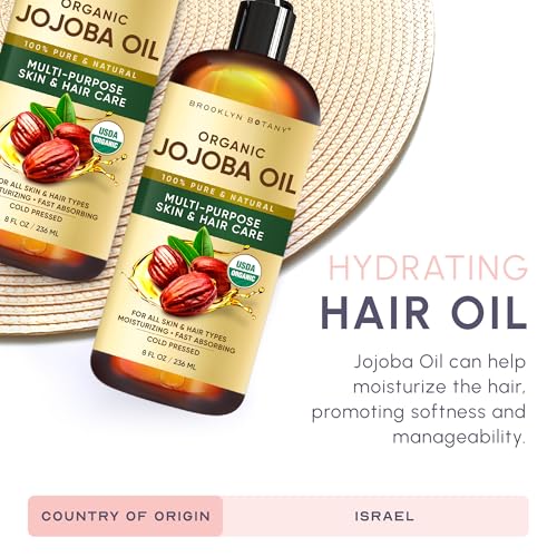 Brooklyn Botany Cold-Pressed Organic Jojoba Oil | for Skin, Hair and Face | 8 Fl Oz | 100% Pure and Natural | Carrier Oil for Essential Oils, Aromatherapy and Massage | Hexane Free