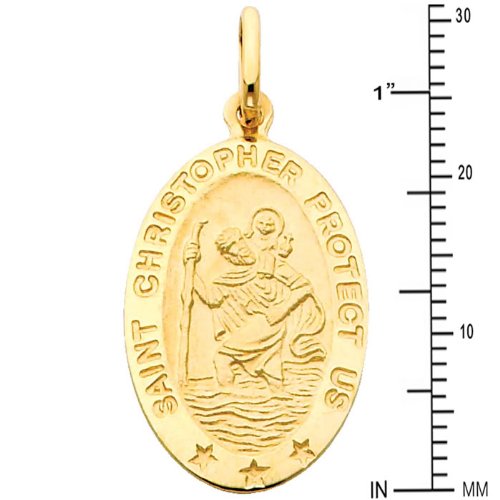 The World Jewelry Center 14k Real Yellow Gold Religious Saint Christopher Medal Pendant with 1.5mm Flat Open Wheat Chain Necklace - 18"