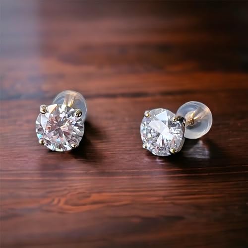 Solid 10k Gold Solitaire Round Moissanite Earring 2 ctw Push Back Stud Earrings for Woman and Man (10k Yellow Gold)