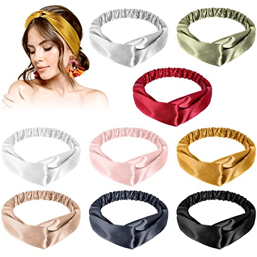 MTLEE 9 Pieces Elastic Hair Wraps and Adjustable Satin Headbands Twisted Turban Band for Face Washing, Women and Girls Hair Accessory, 9 Colors(Classic Color)