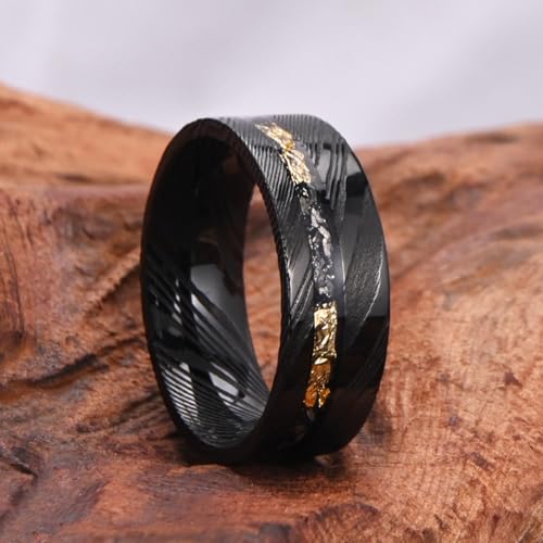 Concept Knight Black Damascus Steel Rings for Men Flat Men's Wedding Bands