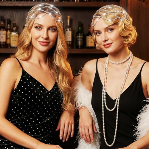 CAKURE Rhinestone Head Chain 1920s Flapper Cap Roaring 20s Headpiece Sparkly Hair Accessories for Women (a-silver)
