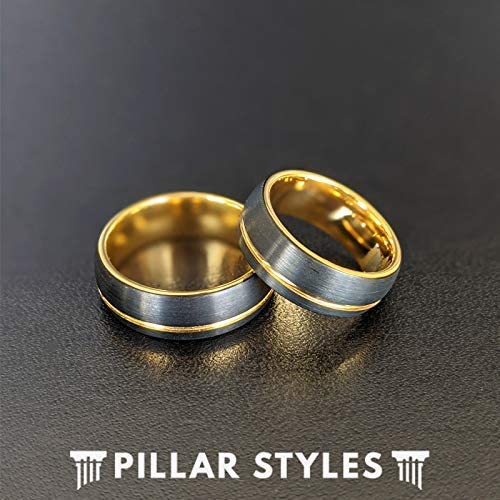 Yellow Gold Tungsten Rings for Men Wedding Band with Offset 14K Golden Groove Inlay 8mm Unique Domed Black Comfort Fit Anniversary Gifts for Him