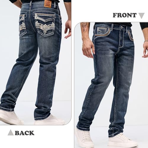 Men's Jeans - Embroidery Washed Crackle Design Jeans Relaxed Fit Stretch Casual Jeans Comfortable Classic Fit Jeans (US, Waist, 34, Regular, Blue)