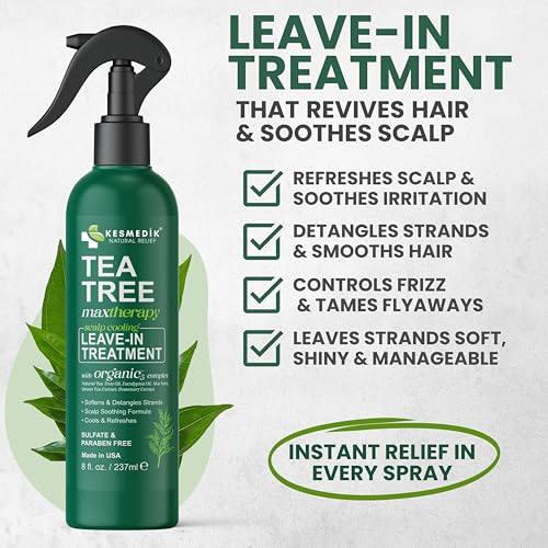 KESMEDIK Tea Tree Oil Leave-In Conditioner Treatment & Detangler Spray for Flaky Itchy Scalp Care, Anti Thinning Formula with Biotin for Soft, Healthy-Looking Hair, Sulfate-Free, Men & Women