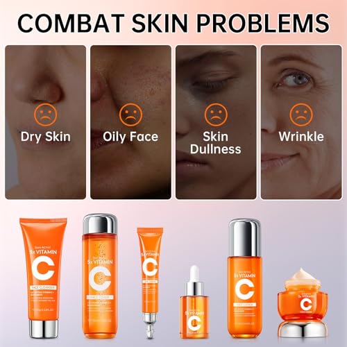 Vitamin C Skin Care Set for Women - 6PCS Skincare Gift Set With Facial Cleanser, Toner, Eye Cream, Serum, Lotion & Face Cream - Moisturizing Skin Care Kit for Anti-Wrinkle, Valentine’s Day Gift