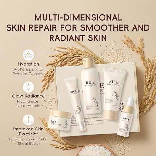 Korean Skin Care Set with Rice, 5-Step Facial Kit for Women