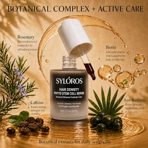 SYLOROS Hair Density Serum, Phyto Stem Cell Scalp Care with Rosemary, Biotin, Caffeine & Saw Palmetto, Leave-In Formula for Fuller-Looking Fine Hair, Lightweight Non-Greasy, 1 Fl Oz